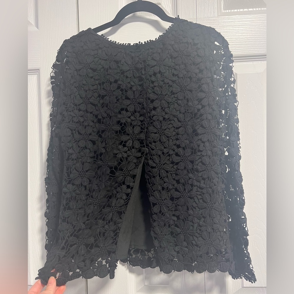 Audrey 3+1 Black Long Sleeved Embroidered Top with Semi Open Back - Picture 5 of 5